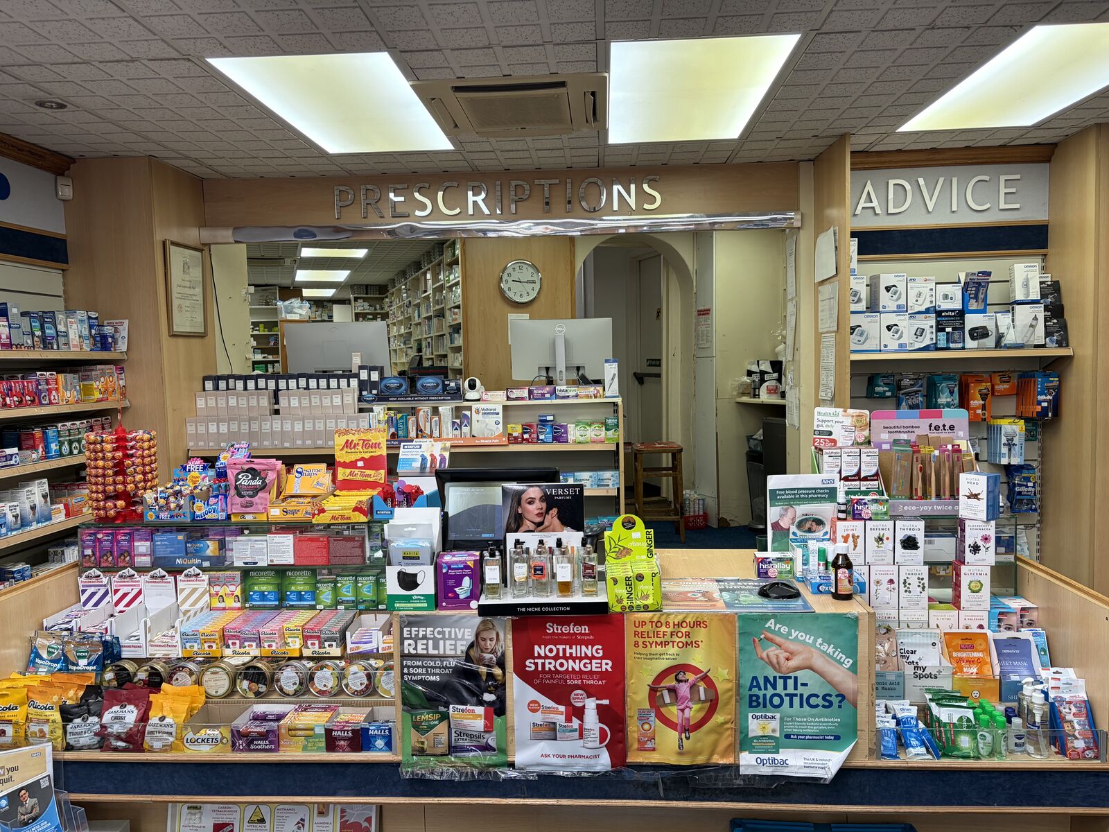 The prescriptions and advice counter inside Lindsay Chemist